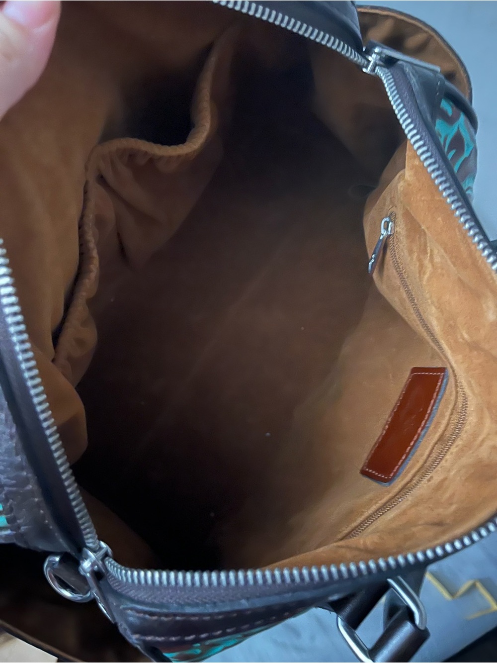 Patricia Nash Turquoise and Brown Tooled Leather Satchel - Picture 3 of 4
